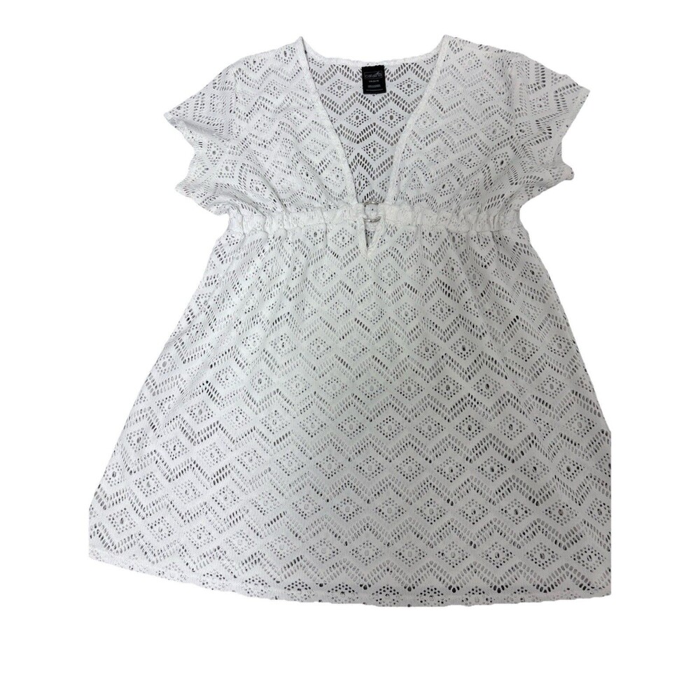 CATALINA Swim Cover Up L White Crochet Eyelet Chevron Design Sheer Resort wear